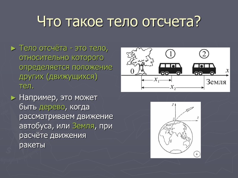 Что такое тело отсчета? Тело отсчёта - это тело, относительно которого определяется положение других